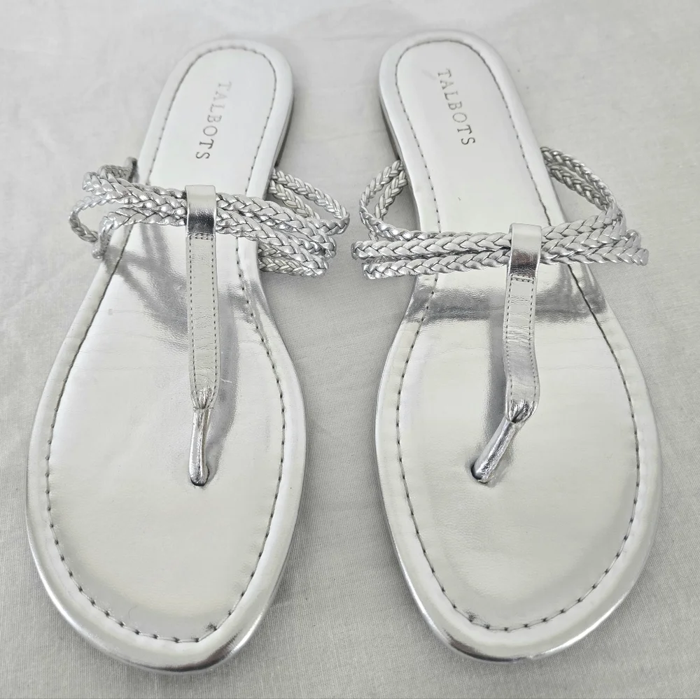Talbots Cece Metallic Silver Braided Sandals Faux Leather Straps, size 10M - Picture 2 of 5